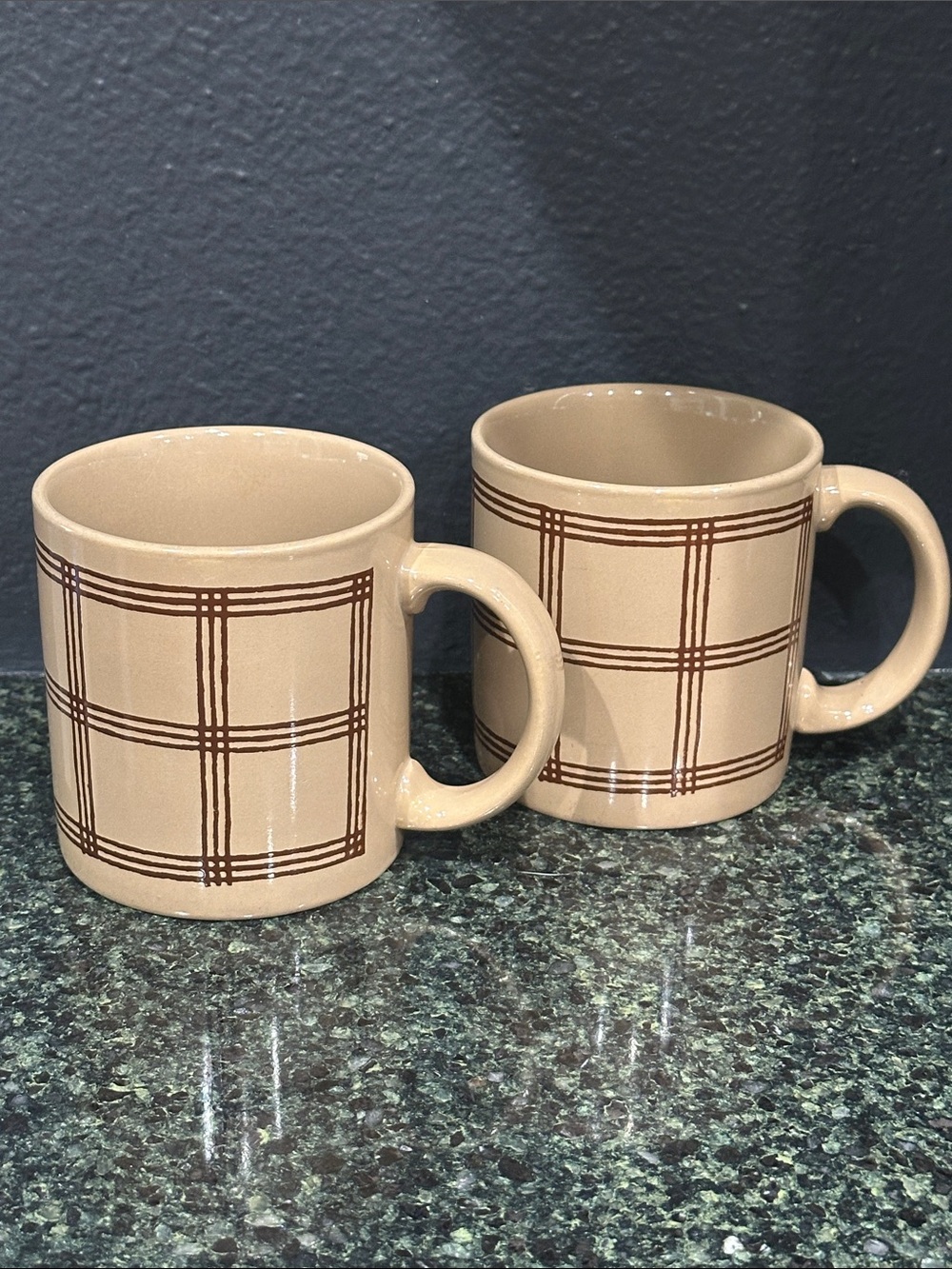 Vintage GHC of England Beige Plaid Ceramic Coffee Mug pair Set of 2 Lauren core